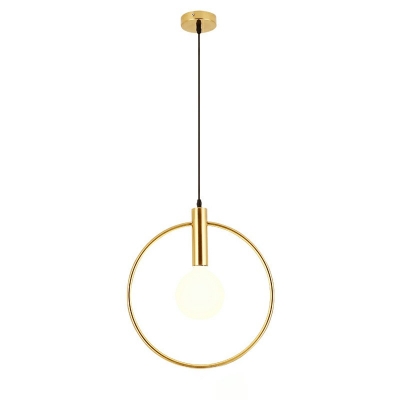 White Glass Ball Shade Suspension Lamp Golden Ring 1 Bulb Bedroom Lighting Fixture for Bedroom