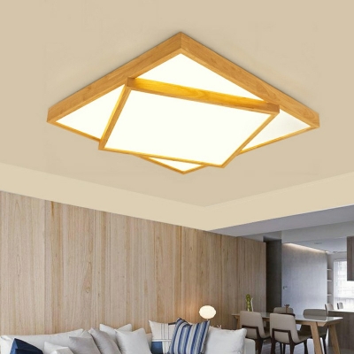 Wooden LED Flush Mount Light Asian Style Three Square Ceiling Lamp for Bedroom