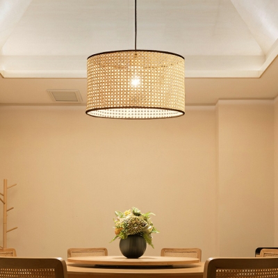 1-Bulb Dining Room Pendant Lamp Chinese Style Ceiling Light Fixture with Drum Rattan Shade in Beige