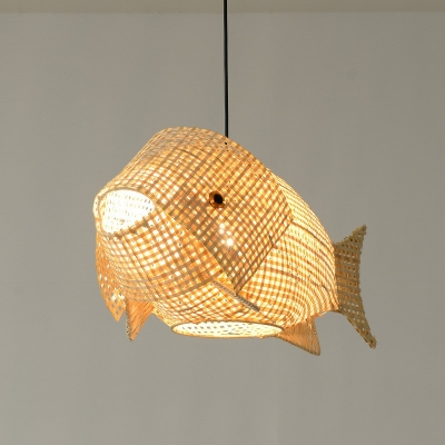 Asia Style Single-Bulb Bamboo Fish Shape Bamboo Weaving Hanging Lamp Restaurant Pendant Lighting