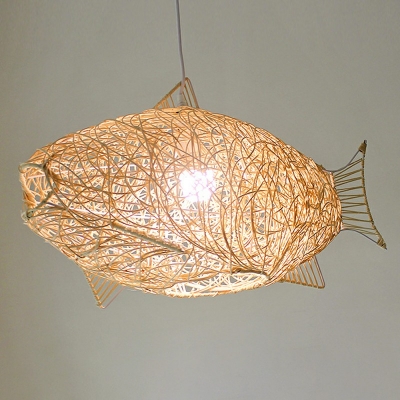 Asia Style Single-Bulb Bamboo Fish Shape Bamboo Weaving Hanging Lamp Restaurant Pendant Lighting