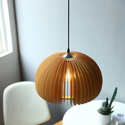 Beige Pendant Modern Restaurant Dining Room Wood Cage Dome Shaped 1-Bulb Hanging Lamp