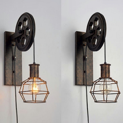 Industrial Wall Sconce 6 Inchs Wide Single Light with Wheel and Adjustable Hanging Cord