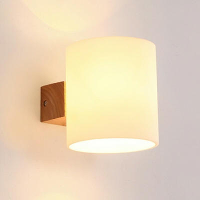 White Glass Cylinder Wall Lighting 5 Inchs Height Asian Wood Sconce Light Fixture for Bedside