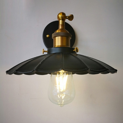 American Vintage Style Wall Sconce Metal Arm 1 Light Wall Light in Scalloped Shade in Black