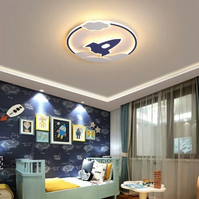 Kids Style LED Ceiling Lamp Blue Round Metal Flush Mount Ceiling Light with Rocket Disign
