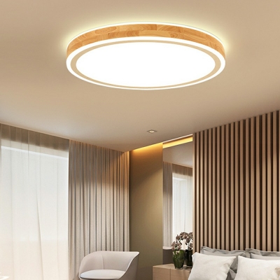 Round LED Flush Mount Light Asian Style Wood Acrylic Ceiling Lamp for Bedroom in White Light