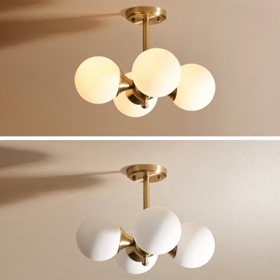 White Glass Ball Semi Flushmount Modern 4 Lights Semi Flush Lighting in Gold with Crossed Lines Design