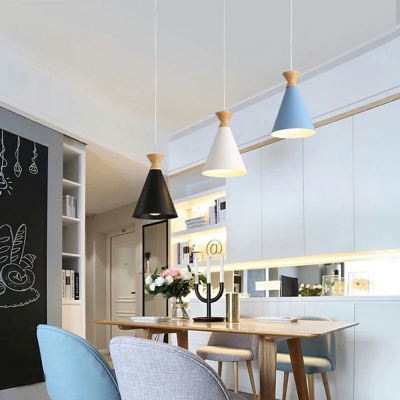 1-Bulb Macaron Aluminum LED Dining Pendant Light with Rubber Wood and Iron Lampshade