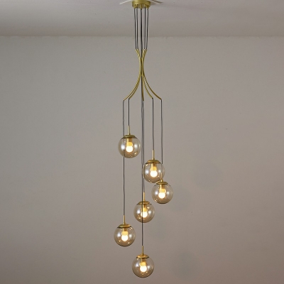 Amber Globe Glass Pendant Minimalistic Hanging Ceiling Light in Gold for Stairs
