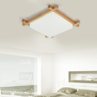 Beige LED Flush Mount Light Asian Style Wood Acrylic 16 Inchs Wide Ceiling Lamp for Bedroom in Stepless Dimming Light
