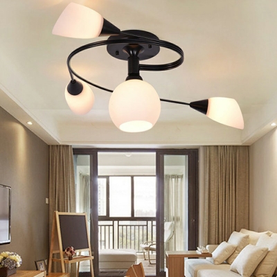 Black Curly Semi Flush Mount Chandelier Nordic Metallic Bedroom Ceiling Light with White Glass Shade