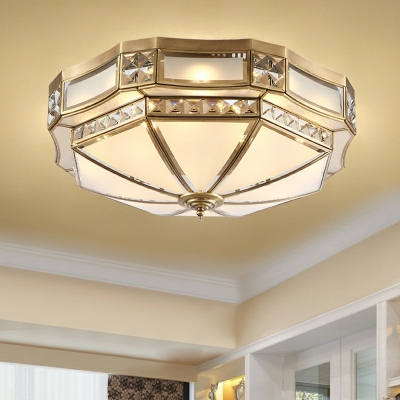 Brass Metal Frame Semi-Flushmount Light Colonial Style Inverted White Glass Ceiling Light