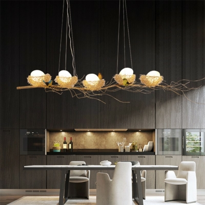 Dining Room Suspension Light Glass Egg Shape  Postmodern Island Lamp with Bird's  Nest and Branch Decor