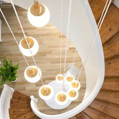 Frosted Glass Globe Pendant Light Modernist LED Hanging Light Fixture in Wood for Stairs
