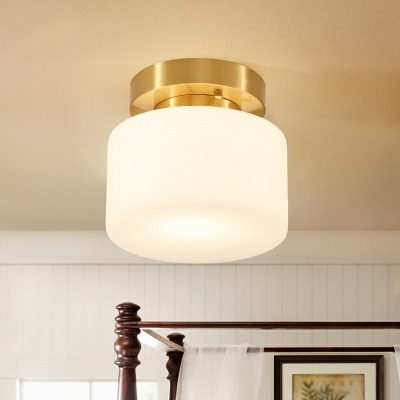 Gold Finish 1 Light Close to Ceiling Lighting Cylindrical Glass Flush Bedroom Ceiling Lamp
