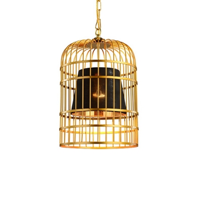 Metal Trapezoid Shade Pendant Lighting Restaurant Warehouse One Light Industrial Hanging Light with Gold Birdcage