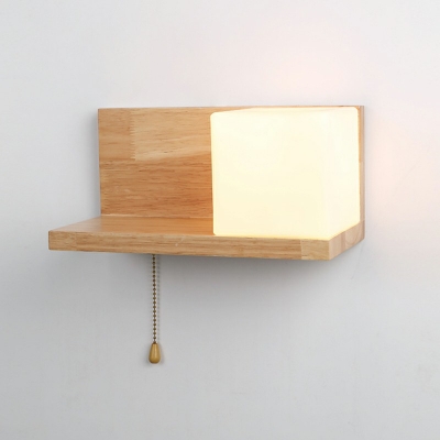 Wooden Natural Oak Bedroom Wall Light Cube Shape Indoor Wall Sconce with Frosted Glass Shade