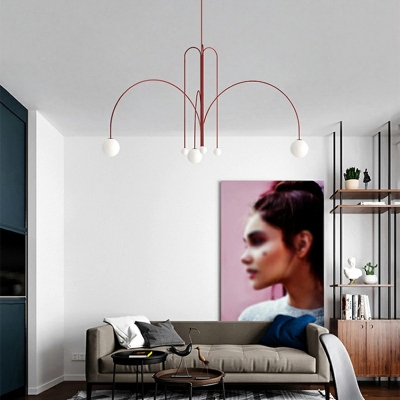 Arched LED Suspension Light Nordic Metal 6 Bulbs Living Room Chandelier Light with Sphere Opal Glass Shade