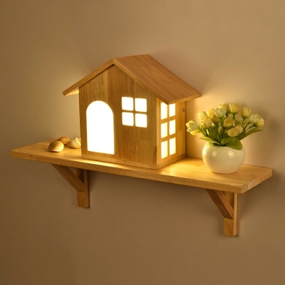 Asian House Sconce Wood LED Wall Mounted Light Fixture in Wood for Children's Bedroom