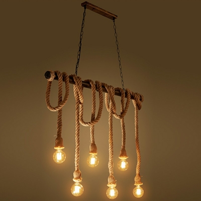 Beige Exposed Bulb Design Hanging Lamp Coffee Bar Lodge Hemp Rope Dinette Island Light with Metal Pole
