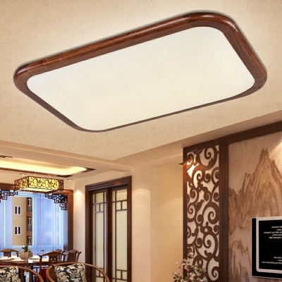 Brown LED Flush Mount Light Asian Style Wood Acrylic 3 Inchs Height Ceiling Lamp for Bedroom