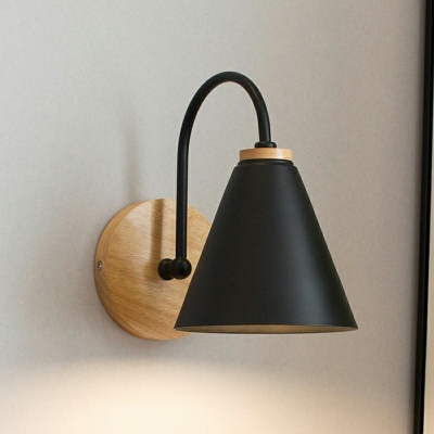Cone Sconce Light Modernist 1 Head Metal Wall Mount Lamp with Circle Wood Backplate