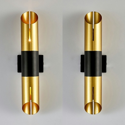 Cylinder Shade Wall Mounted Light 2.5 Inchs Wide Postmodern Style Wall Lighting 2 Heads Metal Shade in Gold