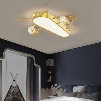 Golden Airplane Boys Bedroom Flush Lighting Metallic LED Cartoon Flush Mount Fixture in 3 Colors Light