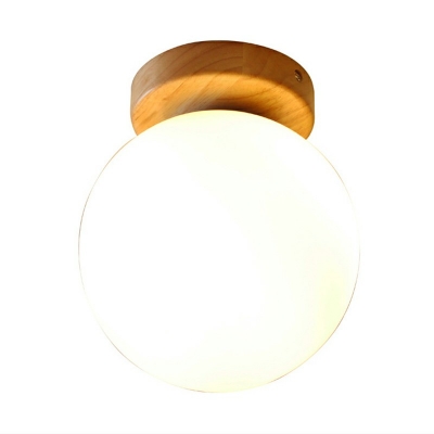 Modern Wood Flush Mount Single Spherical Glass Shade Ceiling Light Lamp for Hallway