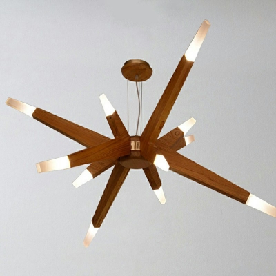 Modernist Sputnik Pendant Chandelier Wooden 12 Lights Living Room LED Ceiling Hang Fixture