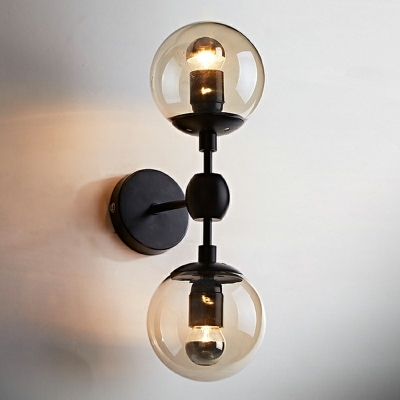 Nordic Vintage Style Wall Mount Light 2 Lights Amber Ball Glass 8 Inchs Wide Black Wall Mount Lighting for Living Room
