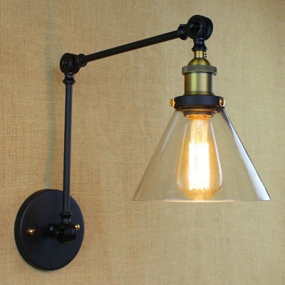 Vintage Swing Arm Wall Sconce with Cone Shade Clear Glass 12 Inchs Wide 1 Bulb Wall Lighting