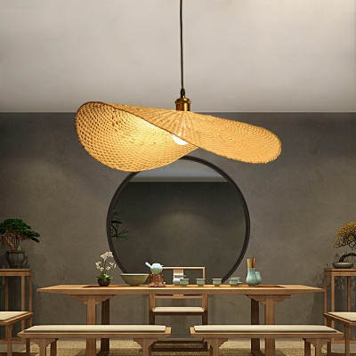 Wood Lotus Leaf Suspension Lighting Simplicity Single Bamboo Pendant Light Fixture in Beige