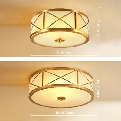 Brass Drum Ceiling Lamp Minimalist Frosted Glass 6 Inchs Height Living Room Flush Mount