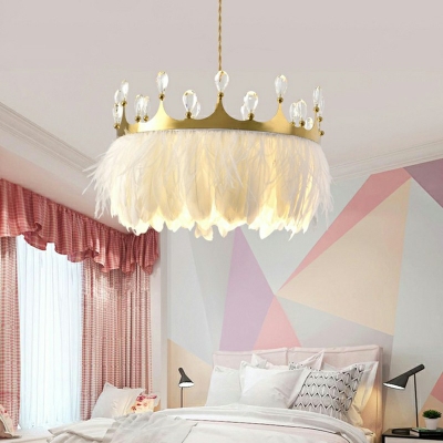 Contemporary Style Feather Crown Chandelier 1 Bulb Living Room LED Hanging Light in White