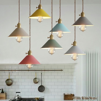 Multiple Macaron Color Nordic Living Room Pendant Metal Cone Lid Shade 1-Head Hanging Lamp