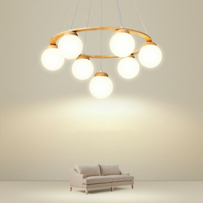 Postmodern Chandelier Wooden Circle 6 Inchs Height Ceiling Pendant with Bubble Frosted Glass Shade for Living Room