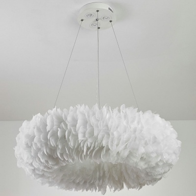 Stylish Minimalist Donut Shaped Pendant Feather Bedroom Chandelier Lighting in White with 8 Inchs Canopy Width