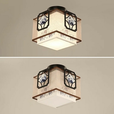 White 1 Head Flush Mount Lamp Traditional Fabric Square 8 Inchs Wide Ceiling Fixture for Bedroom
