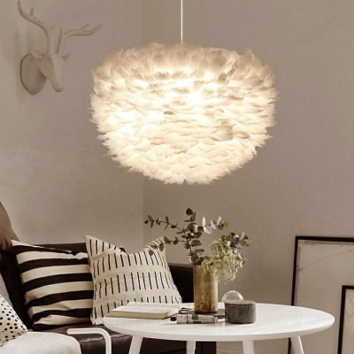 White Ball Bedroom Pendulum Light Feather 1-Light Romantic Nordic Pendant Lighting with 39.5 Inchs Height Adjustable Cord