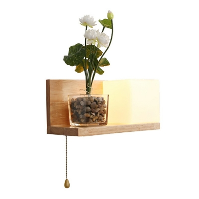 Wooden Natural Oak Bedroom Wall Light Cube Shape Indoor Wall Sconce with Frosted Glass Shade
