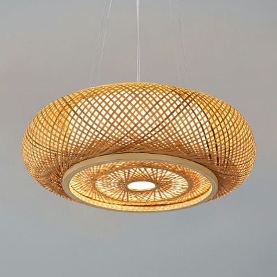 Beige Rounded Drum Pendant Light Chinese Bamboo  1 Bulb Beige Ceiling Suspension Lamp with 59 Inchs Height Adjustable Cord
