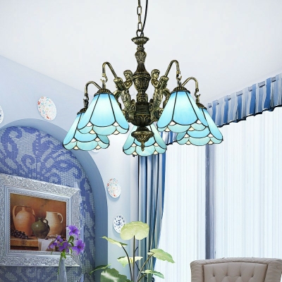 Cone Hanging Light Glass Tiffany Style Chandelier in Blue for Shop Hotel Bedroom with 19.5 Height Adjustable Chain