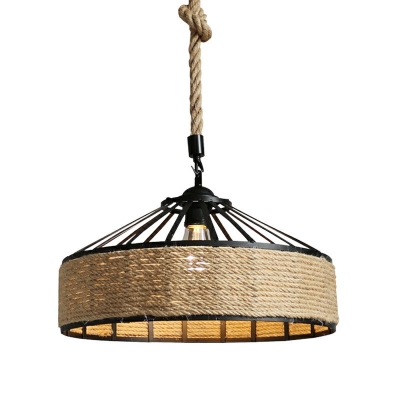 Industrial Style Hemp Rope Round Wrought Iron LED Chandelier Hanging for Restaurant