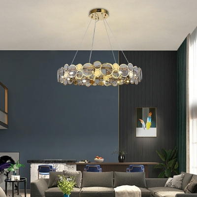 LED Living Room Hanging Chandelier Modernism 5.5 Height Ring Suspension Light with Round Panel Textured Glass Shade