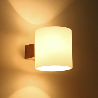 White Glass Cylinder Wall Lighting 5 Inchs Height Asian Wood Sconce Light Fixture for Bedside