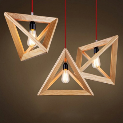 Wooden Cage 1-Head Pendant Modern Dining Room Geometry Hanging Lamp