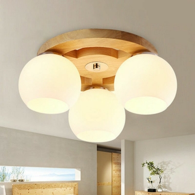 Wooden Modern Ceiling Light Ceiling Mount White Glass Shade Semi Flush For Hallway