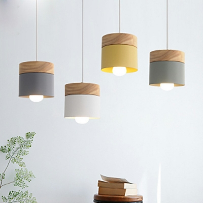 1 Light Cylinder Shape Wooden Ceiling Lamp Metal Shade Pendant Lighting for Kitchen